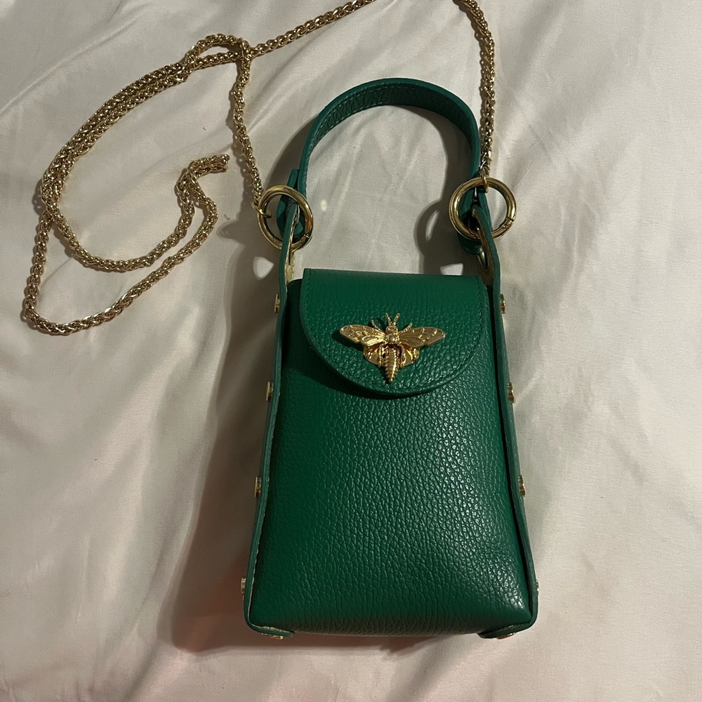 Green Leather Bag with Gold Chain
